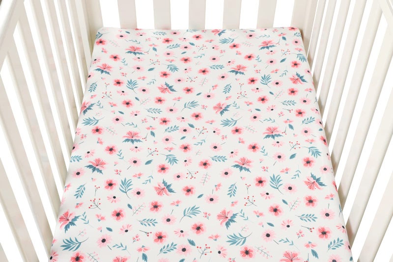 Tontukatu Pack n Play Sheet Stretchy Fitted Portable Mini Crib Sheets Set 3 Pack,Playard Sheets Convertible Playard Mattress Cover,Ultra Soft Jersey Material,Floral,Grey Rabbit & Pink - Image 4