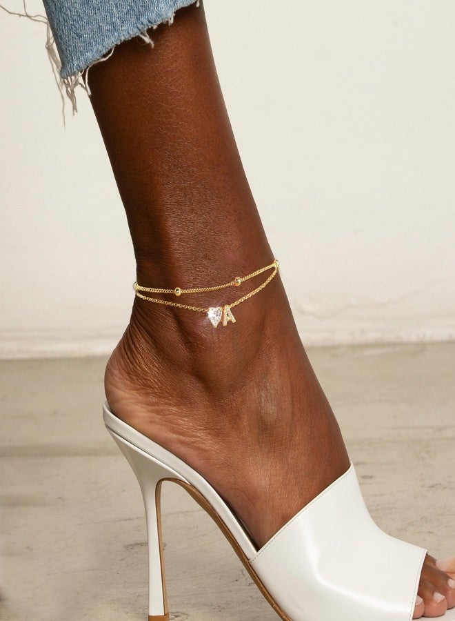 MYYOII Ankle Bracelets for Women Initial Anklets Waterproof 14K Gold Filled Handmade Dainty Layered Heart CZ Bead Initial Anklets Adjustable Ankle Bracelet Summer Beach Jewelry for Women A - Image 2