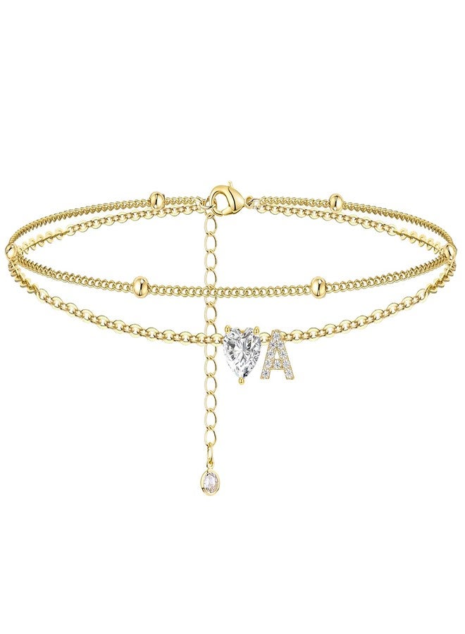 MYYOII Ankle Bracelets for Women Initial Anklets Waterproof 14K Gold Filled Handmade Dainty Layered Heart CZ Bead Initial Anklets Adjustable Ankle Bracelet Summer Beach Jewelry for Women A - Image 1