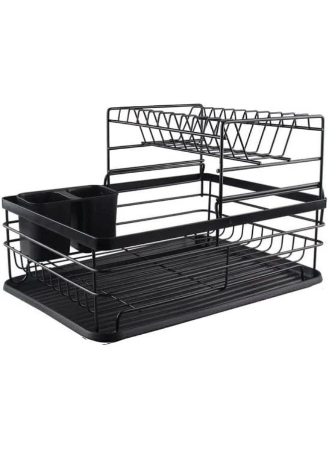 Raxoom 2-Tier Dish Drying Rack with Utensil Holder – Space-Saving Kitchen Organizer for Plates, Bowls, Glasses & Cutlery – Sleek Black Design with Drain Board – Perfect for Modern Countertops - Image 2