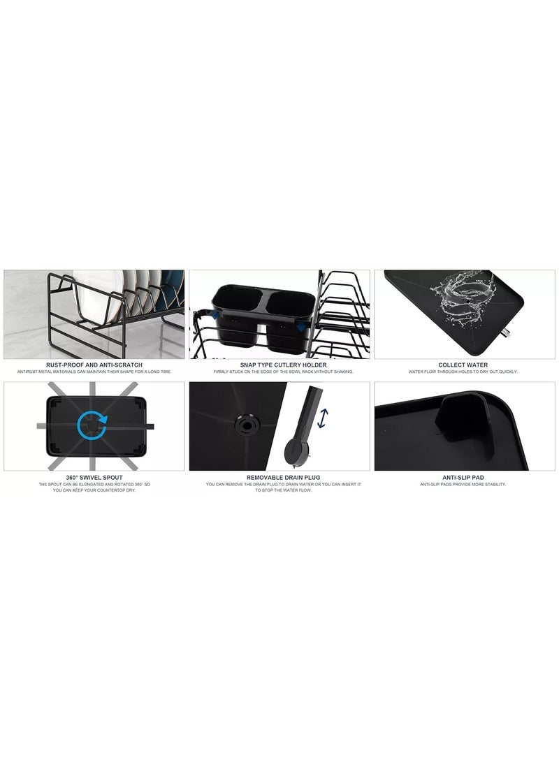 Raxoom 2-Tier Dish Drying Rack with Utensil Holder – Space-Saving Kitchen Organizer for Plates, Bowls, Glasses & Cutlery – Sleek Black Design with Drain Board – Perfect for Modern Countertops - Image 4