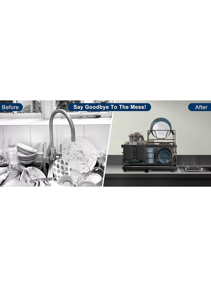 Raxoom 2-Tier Dish Drying Rack with Utensil Holder – Space-Saving Kitchen Organizer for Plates, Bowls, Glasses & Cutlery – Sleek Black Design with Drain Board – Perfect for Modern Countertops - Image 5