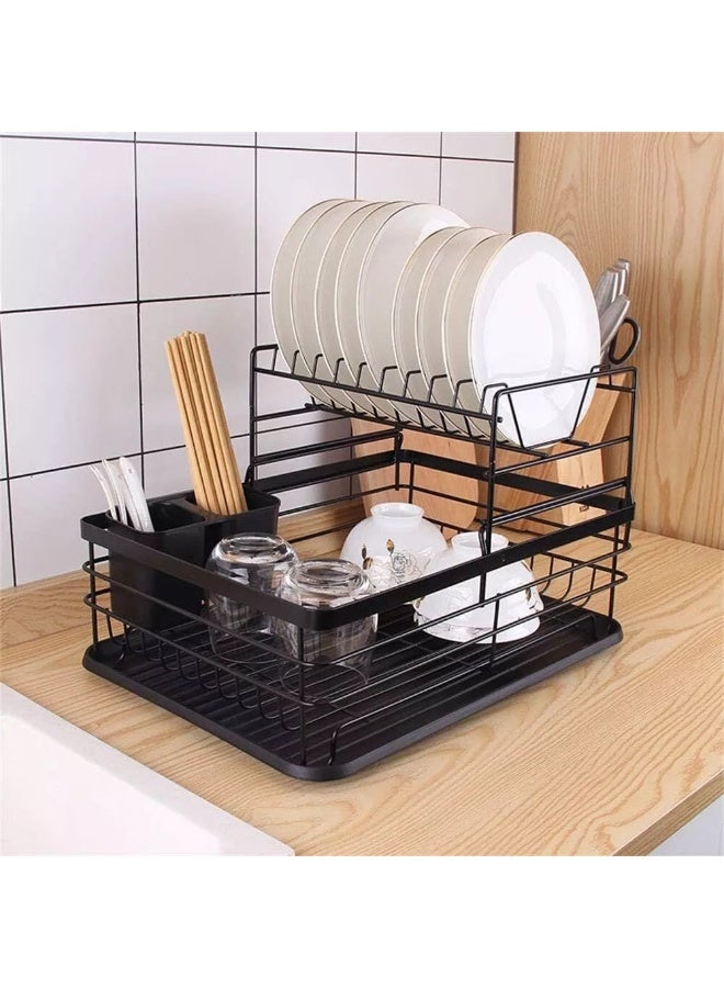 Raxoom 2-Tier Dish Drying Rack with Utensil Holder – Space-Saving Kitchen Organizer for Plates, Bowls, Glasses & Cutlery – Sleek Black Design with Drain Board – Perfect for Modern Countertops - Image 1