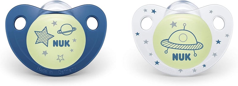 NUK Cute-as-a-Button Glow-in-The-Dark Orthodontic Pacifiers, 6-18 Months, 2 Pack, Baby Boys