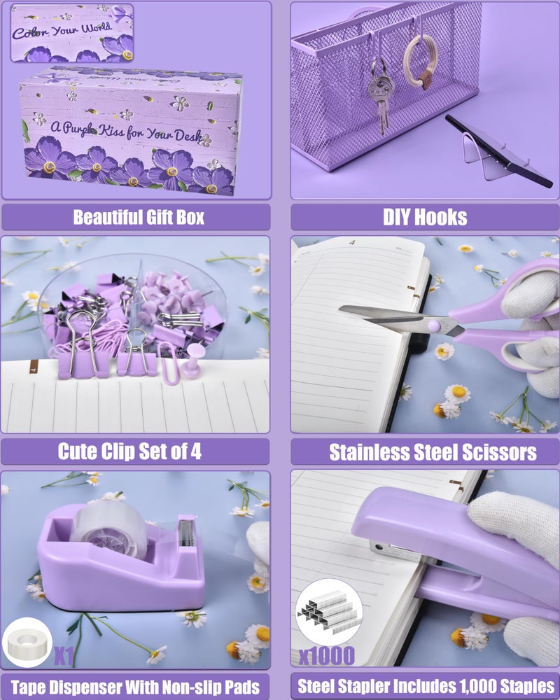 LXEVIHK 21Pcs Purple Desk Organizers and Accessories With Mesh Desk Organizer and 360Â°Rotating Pen Holder and a Lot of Office Purple Office Supplies Beautifully Presented in a Gift Box - Image 5