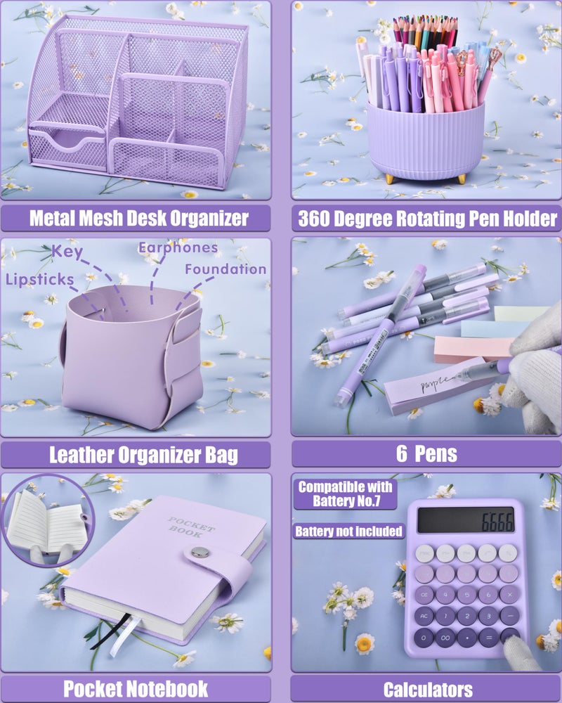 LXEVIHK 21Pcs Purple Desk Organizers and Accessories With Mesh Desk Organizer and 360Â°Rotating Pen Holder and a Lot of Office Purple Office Supplies Beautifully Presented in a Gift Box - Image 4