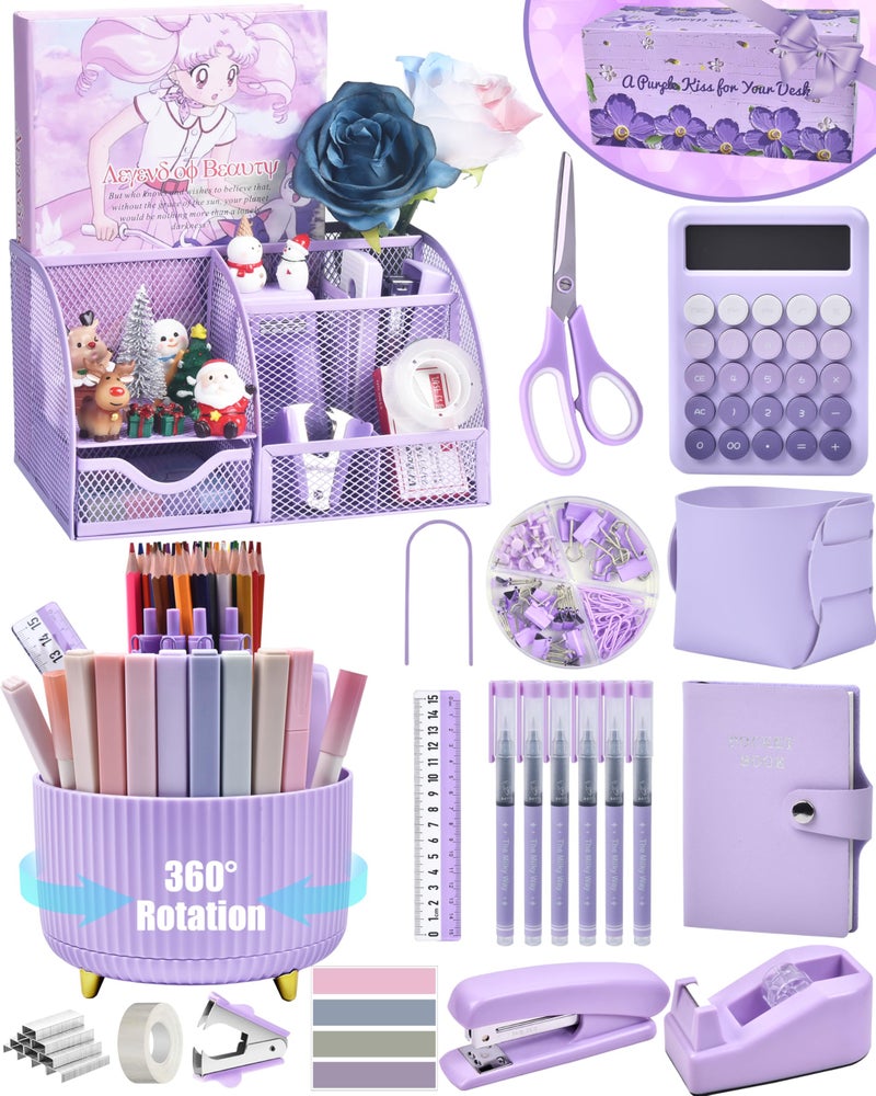 LXEVIHK 21Pcs Purple Desk Organizers and Accessories With Mesh Desk Organizer and 360Â°Rotating Pen Holder and a Lot of Office Purple Office Supplies Beautifully Presented in a Gift Box - Image 1