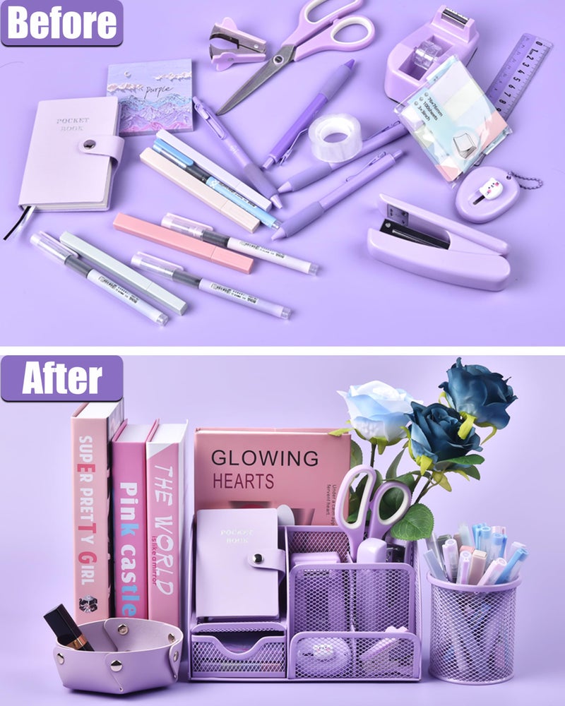 LXEVIHK 21Pcs Purple Desk Organizers and Accessories With Mesh Desk Organizer and 360Â°Rotating Pen Holder and a Lot of Office Purple Office Supplies Beautifully Presented in a Gift Box - Image 3