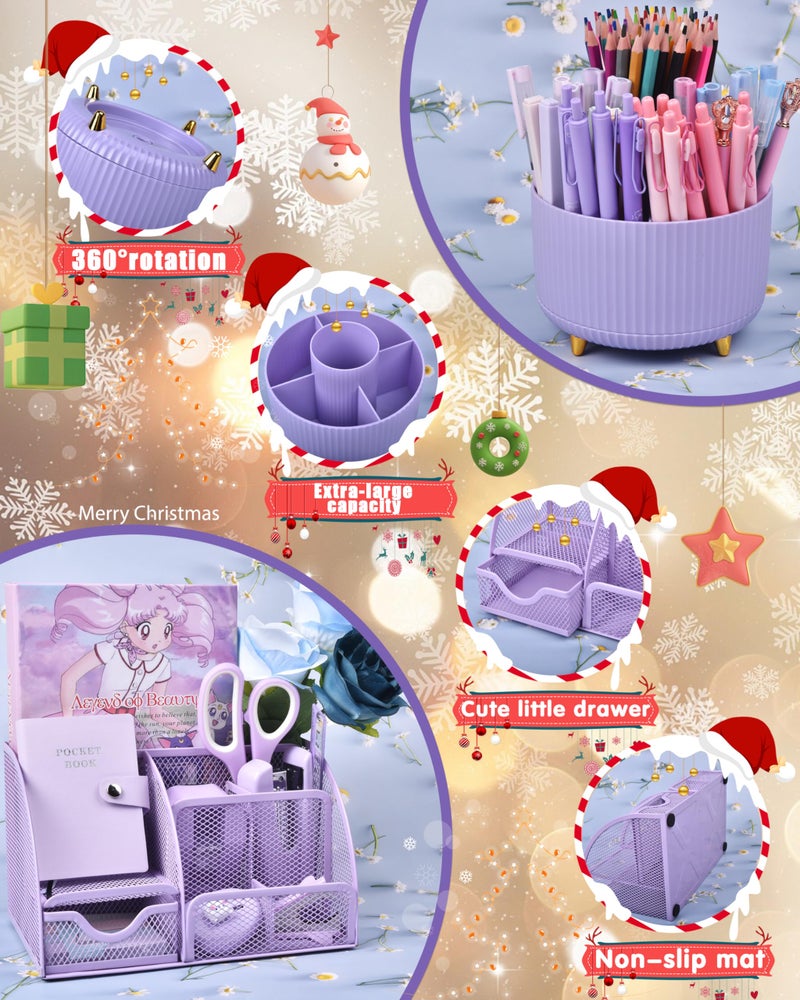 LXEVIHK 21Pcs Purple Desk Organizers and Accessories With Mesh Desk Organizer and 360Â°Rotating Pen Holder and a Lot of Office Purple Office Supplies Beautifully Presented in a Gift Box - Image 2