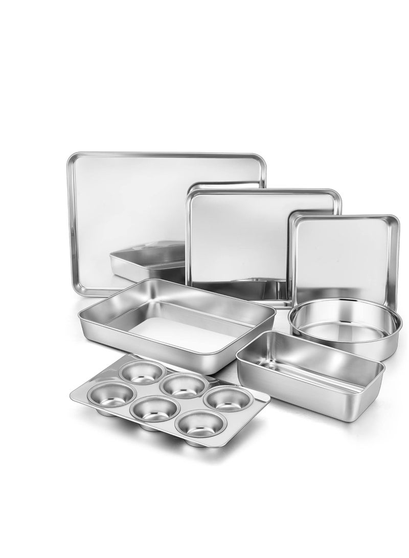 TeamFar Bakeware Sets of 7, Stainless Steel Bakeware Sets for Oven, Baking Sheet & Toaster Oven Pan, Square & Round Cake Pan, Muffin Pan & Loaf Pan, Lasagna Pan, Healthy & Sturdy, Dishwasher Safe - Image 1