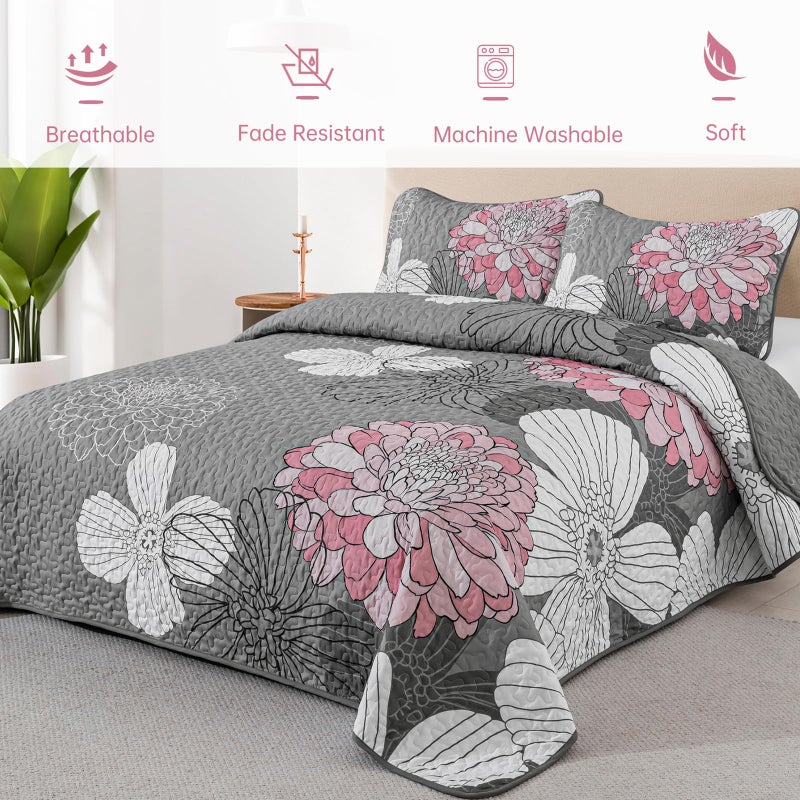 Anibedding طقم لحاف مزخرف بالأزهار من أنيبيدينغ 3 قطع بحجم كينغ، لون وردي بوهيمي خفيف الوزن مع غطاء سرير كبير و2 غطاء وسادة لغرفة النوم لجميع الفصول - Image 4