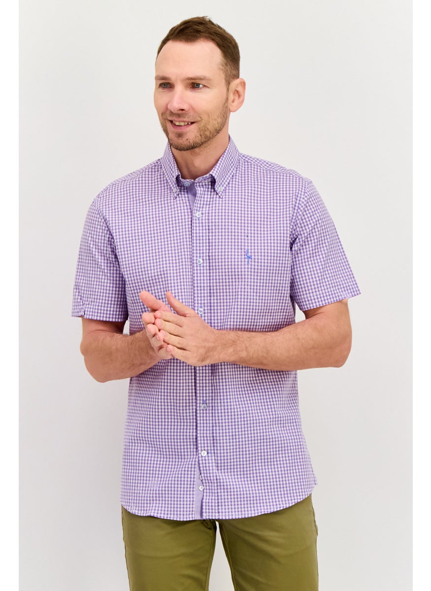 Tailorbyrd Men Regular Fit Micro Checkered Short Sleeves Casual Shirts, Purple  - Image 1