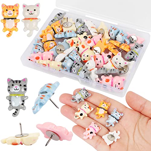 MIKIMIQI 30 Pcs Cute Cat Push Pins Resin Cat Push Pins Decorative Animal Thumb Tacks Cork Board Thumbtacks for Bulletin Board Photos Wall Pins Office Supplies