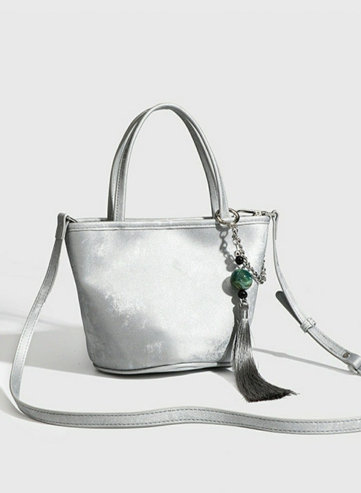 Loquat Small Bucket Bag for Women Simple Style Hobo Tote Bag Single Shoulder Crossbody Bag Handbag Silver  - Image 2