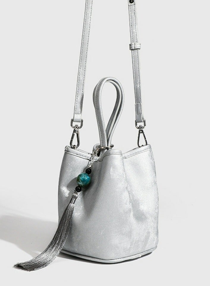 Loquat Small Bucket Bag for Women Simple Style Hobo Tote Bag Single Shoulder Crossbody Bag Handbag Silver  - Image 3