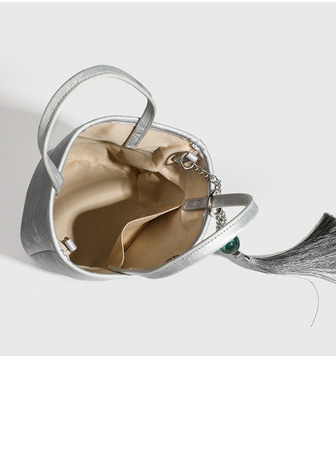 Loquat Small Bucket Bag for Women Simple Style Hobo Tote Bag Single Shoulder Crossbody Bag Handbag Silver  - Image 4