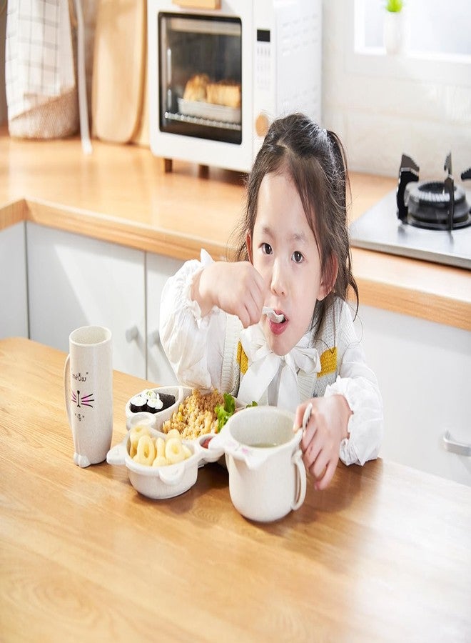 MEZON صينية عشاء مقسمة من قش القمح من ميزون، طقم عشاء غير قابل للكسر للأطفال، أطباق عشاء مع وعاء، كوب، شوكة، ملعقة، عيدان طعام، طقم أدوات مائدة، طقم عشاء للأطفال (بيج) - Image 3