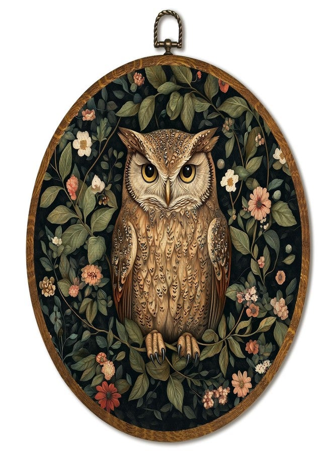 LANBAIHE William Morris Inspired Vintage Round Wall Art, Vintage Owl Canvas Prints with Floral Design, Floral Animal Wall Art Framed Decor for Home, Bathroom, Living Room, Bedroom 10x10inch (Owl-3) - Image 1