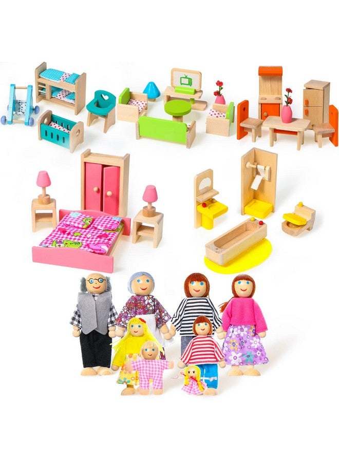 Civaner 52 قطعة مجموعة أثاث منزل دمى خشبي مصغر مع دمى مقياس 1:12 ملحقات منزل الدمى تشمل أشخاص متعدد الألوان - Image 1