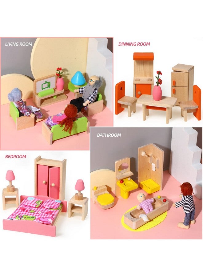 Civaner 52 قطعة مجموعة أثاث منزل دمى خشبي مصغر مع دمى مقياس 1:12 ملحقات منزل الدمى تشمل أشخاص متعدد الألوان - Image 4