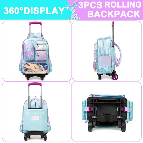 Meetbelify Mermaid Rolling Backpack for Girls Backpack with Wheels for Elementary Student Kids School Bag with Lunch Box Pencil Case for Girls Ages 6-8 Years Old - Image 3