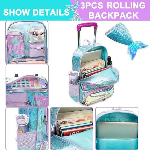 Meetbelify Mermaid Rolling Backpack for Girls Backpack with Wheels for Elementary Student Kids School Bag with Lunch Box Pencil Case for Girls Ages 6-8 Years Old - Image 4