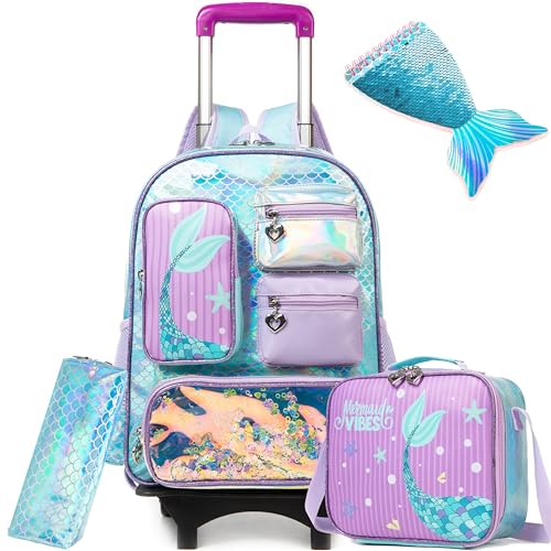 Meetbelify Mermaid Rolling Backpack for Girls Backpack with Wheels for Elementary Student Kids School Bag with Lunch Box Pencil Case for Girls Ages 6-8 Years Old - Image 1