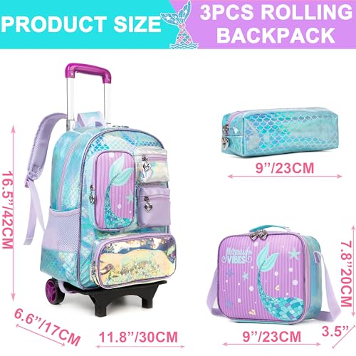 Meetbelify Mermaid Rolling Backpack for Girls Backpack with Wheels for Elementary Student Kids School Bag with Lunch Box Pencil Case for Girls Ages 6-8 Years Old - Image 2