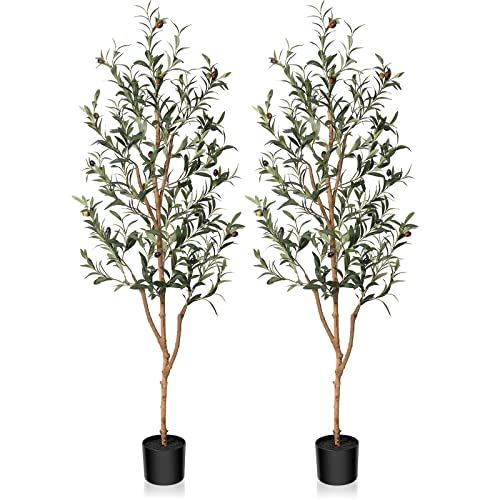 Kazeila Artificial Olive Tree 5FT Tall Faux Silk Plant for Home Office Decor Indoor Fake Potted Tree with Wood Branches and Fruits 2 Pack