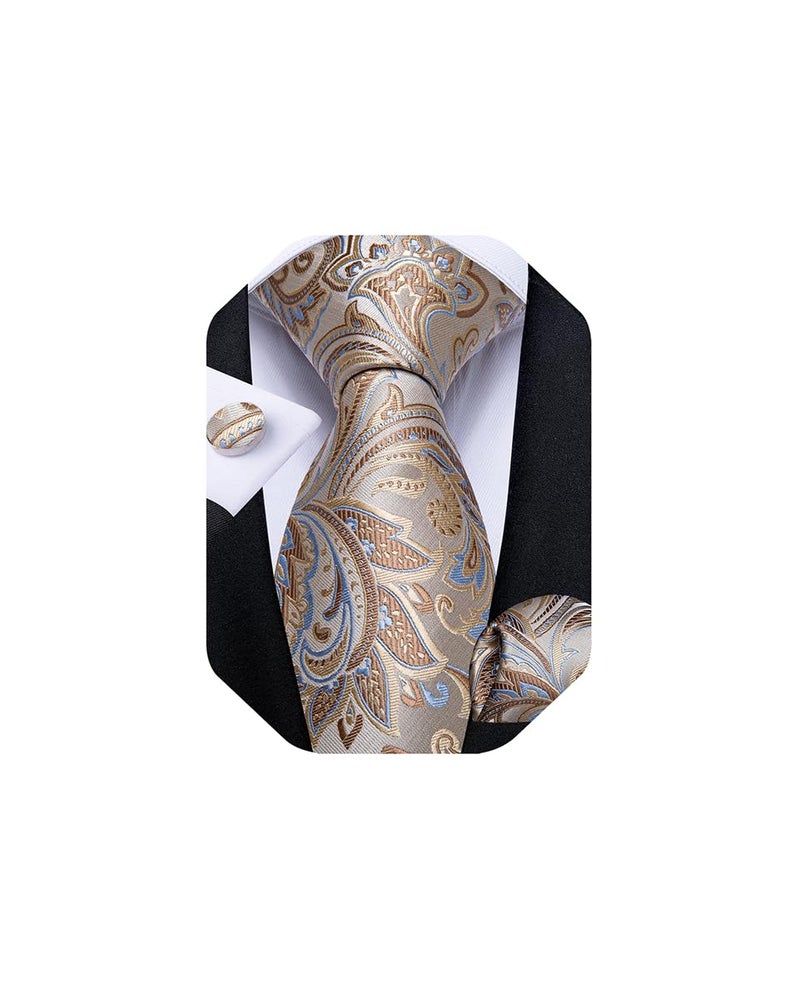 DiBanGu Mens Tie Set Silk Solid Paisley Necktie and Pocket Square Cufflinks Classic Formal Ties for Men Wedding Party, Dark Champagne - Image 1