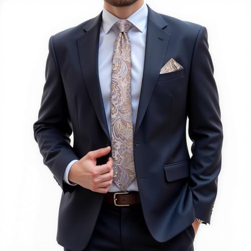 DiBanGu Mens Tie Set Silk Solid Paisley Necktie and Pocket Square Cufflinks Classic Formal Ties for Men Wedding Party, Dark Champagne - Image 2
