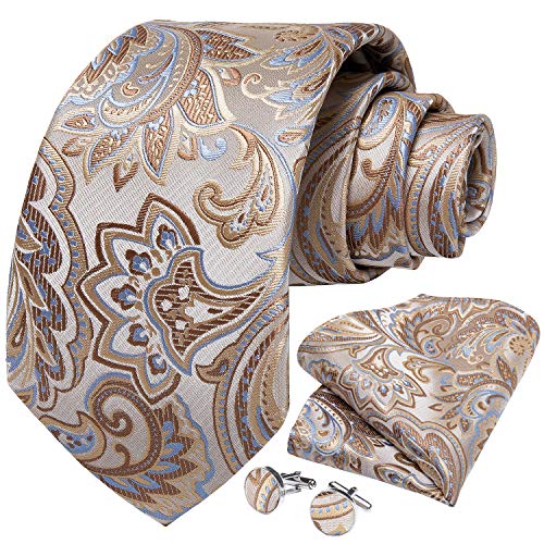 DiBanGu Mens Tie Set Silk Solid Paisley Necktie and Pocket Square Cufflinks Classic Formal Ties for Men Wedding Party, Dark Champagne - Image 3