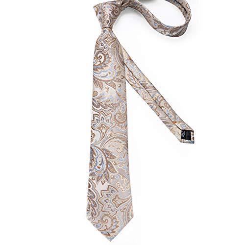 DiBanGu Mens Tie Set Silk Solid Paisley Necktie and Pocket Square Cufflinks Classic Formal Ties for Men Wedding Party, Dark Champagne - Image 4