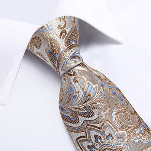 DiBanGu Mens Tie Set Silk Solid Paisley Necktie and Pocket Square Cufflinks Classic Formal Ties for Men Wedding Party, Dark Champagne - Image 5