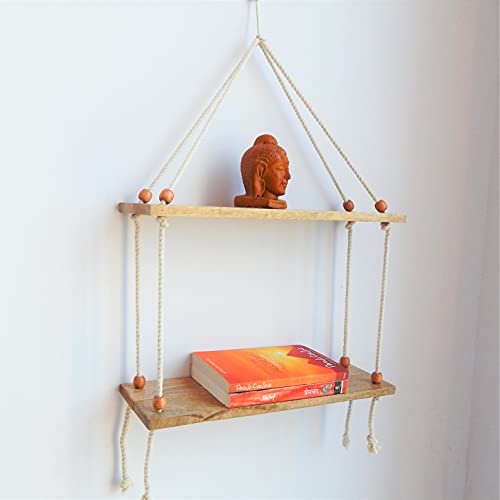 ecofynd 16 inches Cotton Wall Hanging Wooden Shelf, Bohemian Boho Nordic Style for Home Decor, Floating Rack for Bedroom Living Room Bathroom (Pack of 1 - SH005) - Image 1