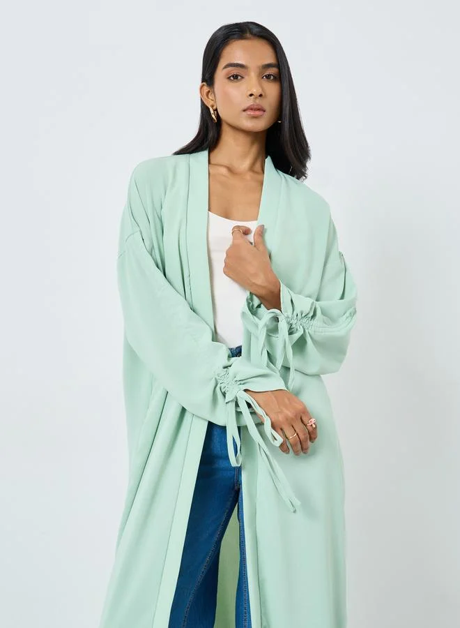 Take Two Take Two Solid Ruching Sleeve Front Open Kimono