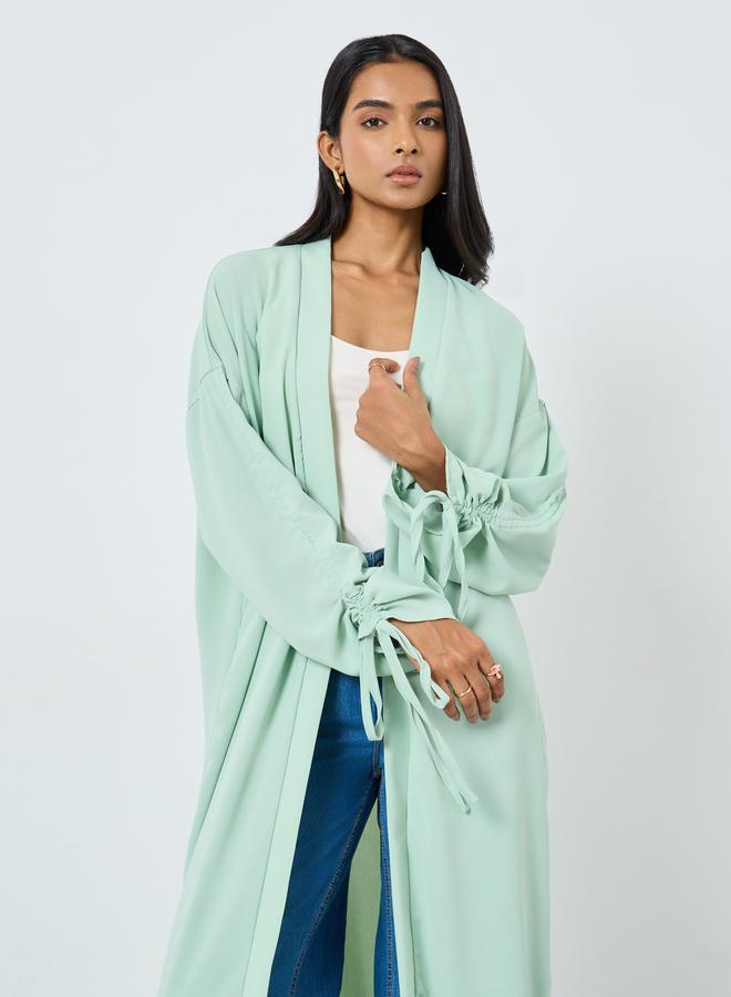 Take Two Solid Ruching Sleeve Front Open Kimono - Image 2