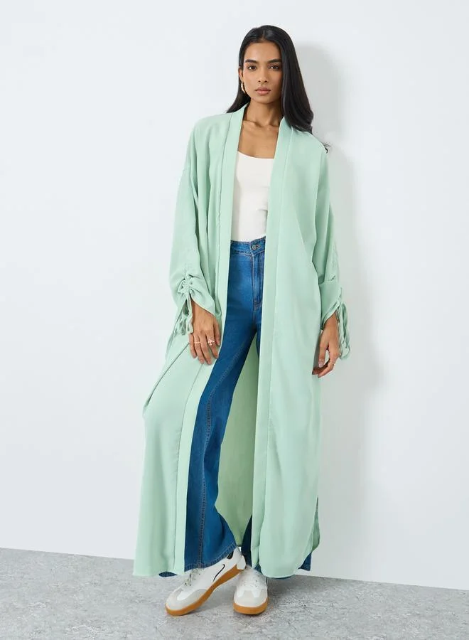 Take Two Take Two Solid Ruching Sleeve Front Open Kimono