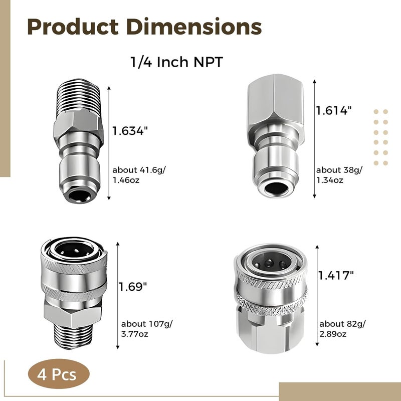 Stainless Steel Quick Connect Water Gun Connector Kit, 1/4 Npt Male and Female Fittings, High Pressure Coupling for Pressure Washers and Pneumatic Tools - Image 2