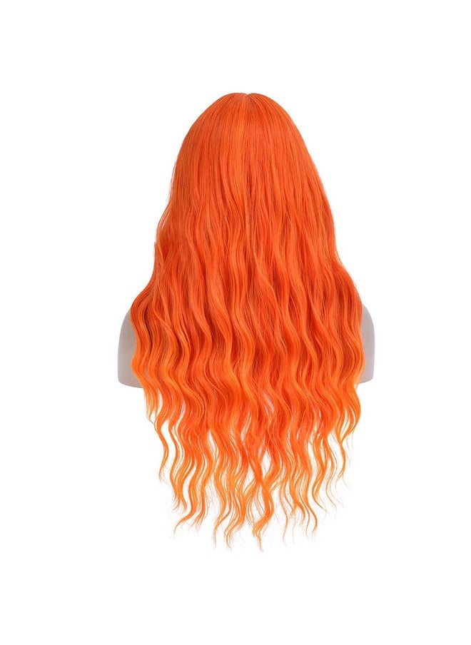 BERON Orange Wigs Women Long Wavy Wig With Bangs 28 Inches Curly Synthetic Wigs For Cosplay Party Wigs Wig Cap Included  - Image 5