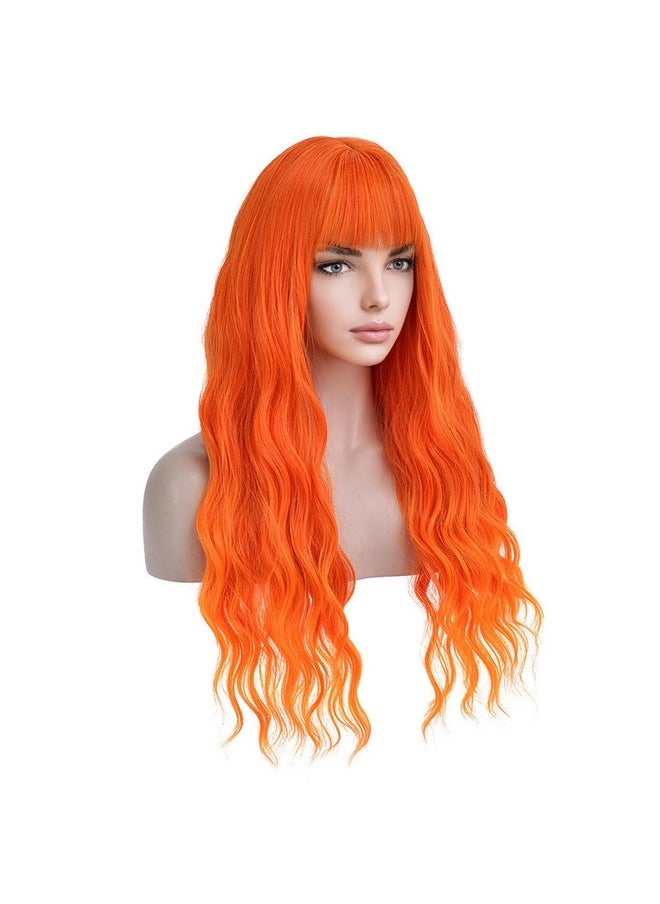 BERON Orange Wigs Women Long Wavy Wig With Bangs 28 Inches Curly Synthetic Wigs For Cosplay Party Wigs Wig Cap Included  - Image 3