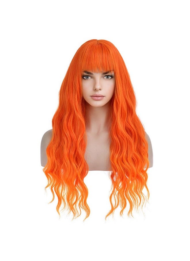 BERON Orange Wigs Women Long Wavy Wig With Bangs 28 Inches Curly Synthetic Wigs For Cosplay Party Wigs Wig Cap Included  - Image 2