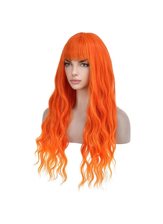BERON Orange Wigs Women Long Wavy Wig With Bangs 28 Inches Curly Synthetic Wigs For Cosplay Party Wigs Wig Cap Included  - Image 4