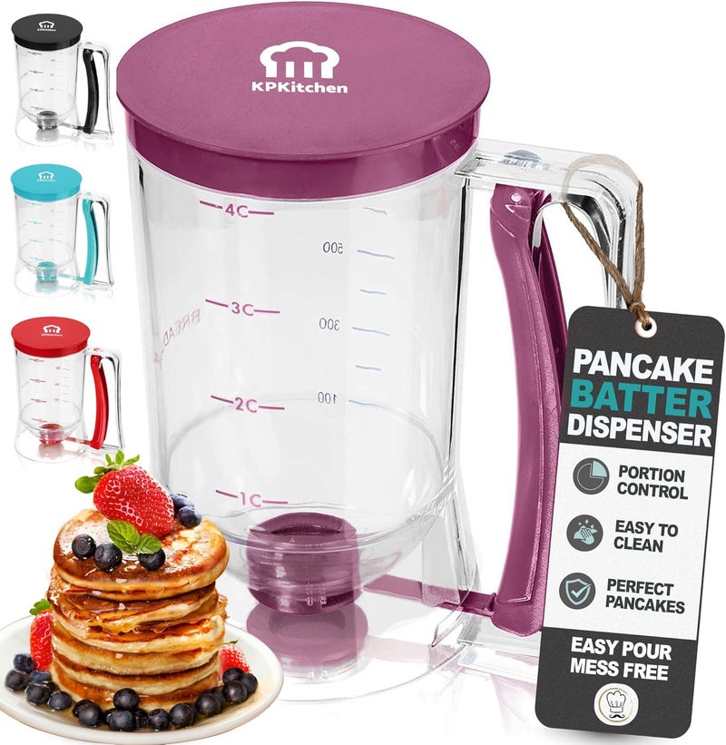 KPKitchen Pancake Batter Dispenser - Kitchen Must Have Tool for Perfect Pancakes, Cupcake, Waffle, Muffin Mix - White Elephant Gifts for Adults - Pancake Griddle Maker with Measuring Label (Purple) - Image 1