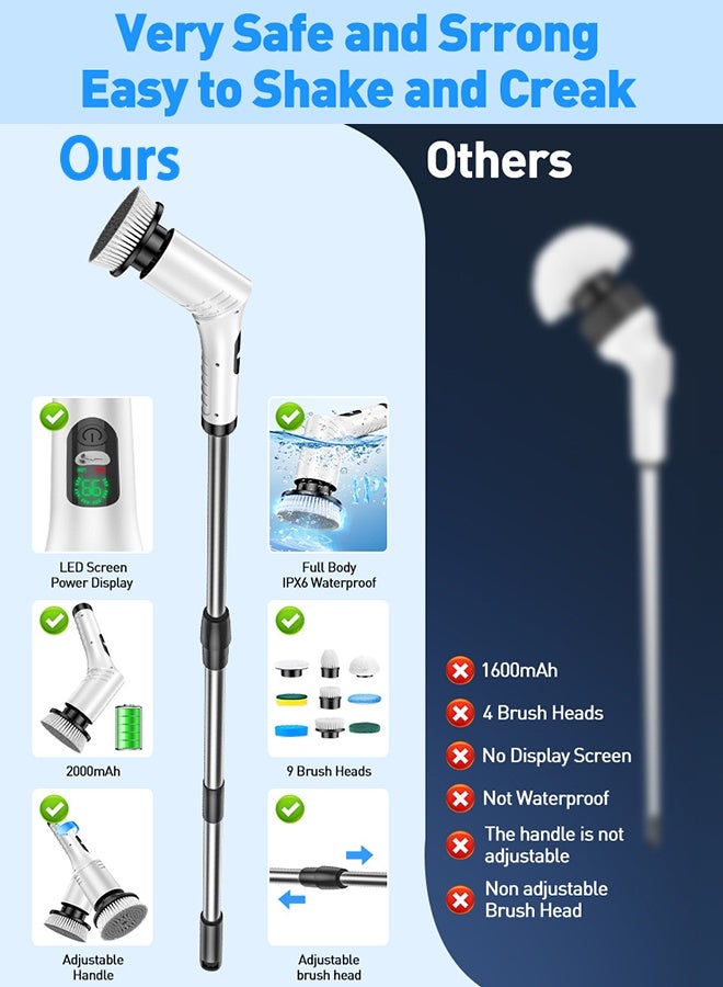 HaHaHai 9-in-1 Electric Spin Scrubber with Adjustable Extension Handle – Type-C Rechargeable Cleaning Brush with 2 Speeds, 2000mAh Battery, 9 Brush Heads for Bathroom & Kitchen - Image 5