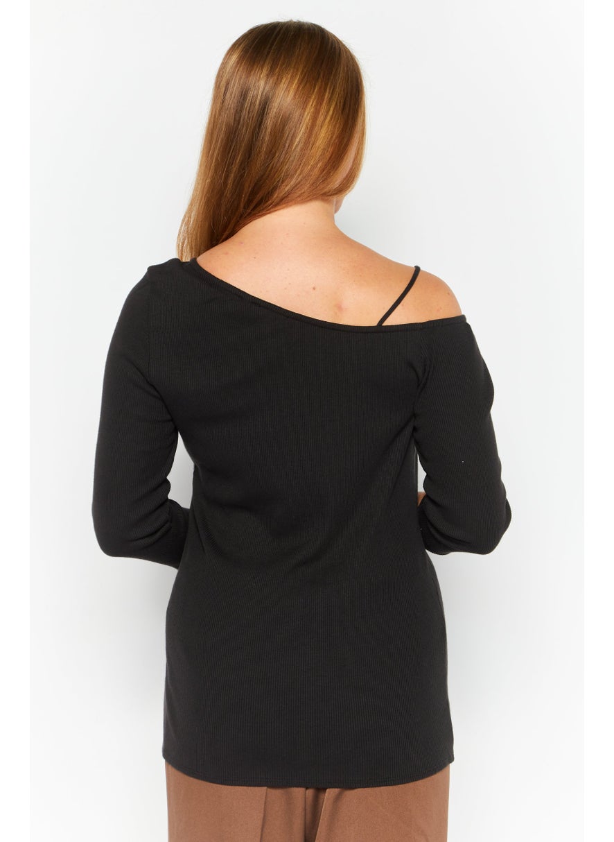Theory - Women Asymmetrical Neck Long Sleeves Textured Top, Black - Image 1