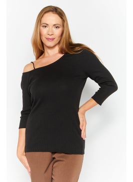 Women Asymmetrical Neck Long Sleeves Textured Top, Black