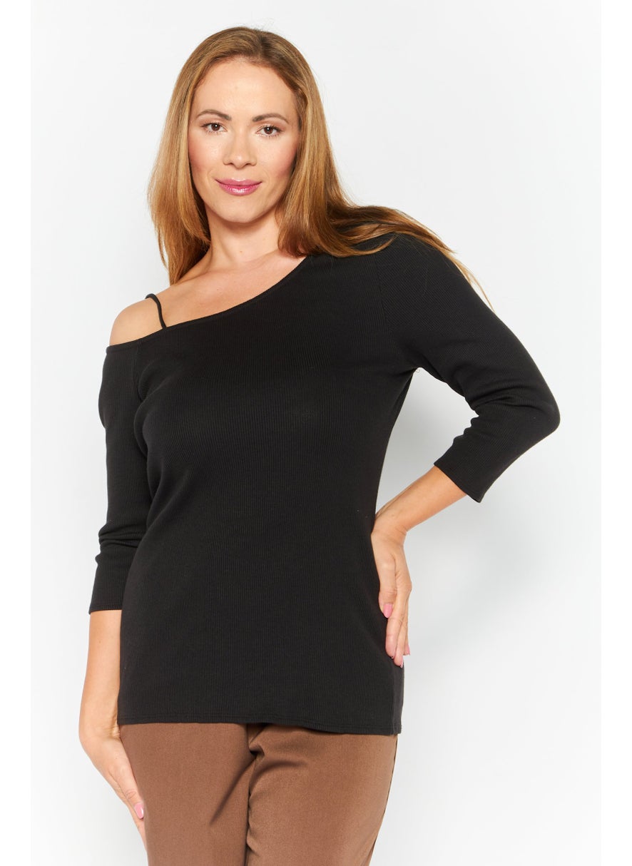 Theory - Women Asymmetrical Neck Long Sleeves Textured Top, Black - Image 1