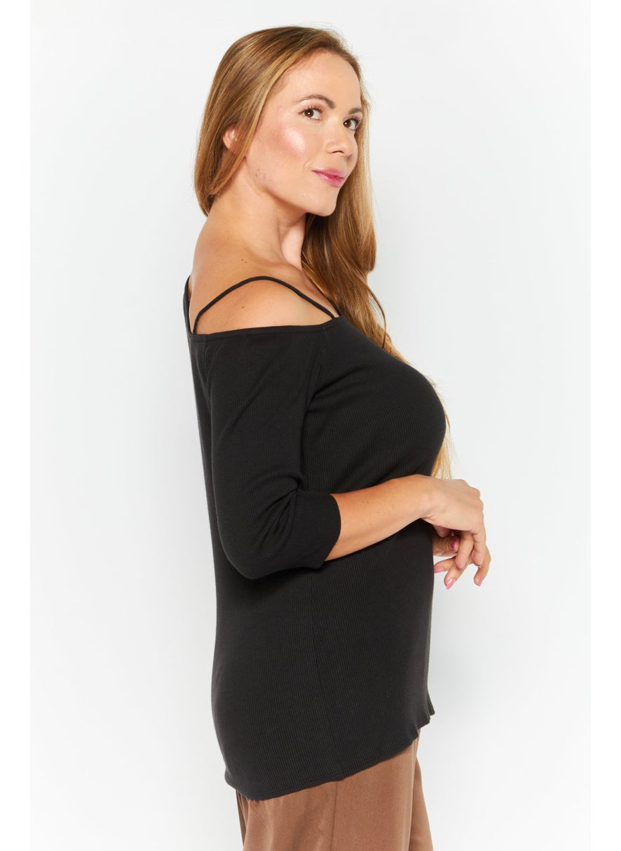 Theory - Women Asymmetrical Neck Long Sleeves Textured Top, Black - Image 1