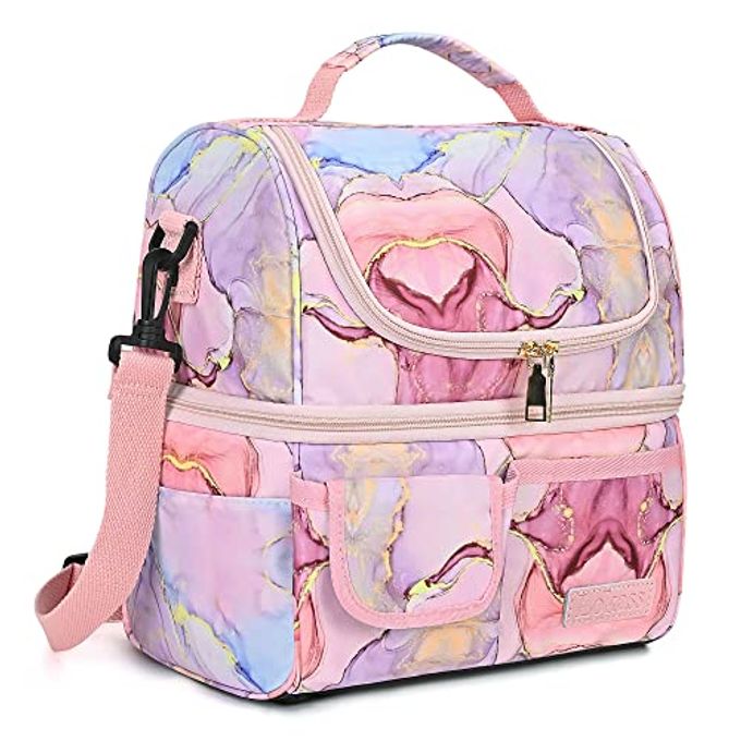 LOKASS Lunch Box for Women-Double Deck Insulated Adults Lunch Bag with Removable Shoulder Strap- Cute Wide Open Lunch Tote for Work/Office/Picnic/Beach/Travel (Pink)